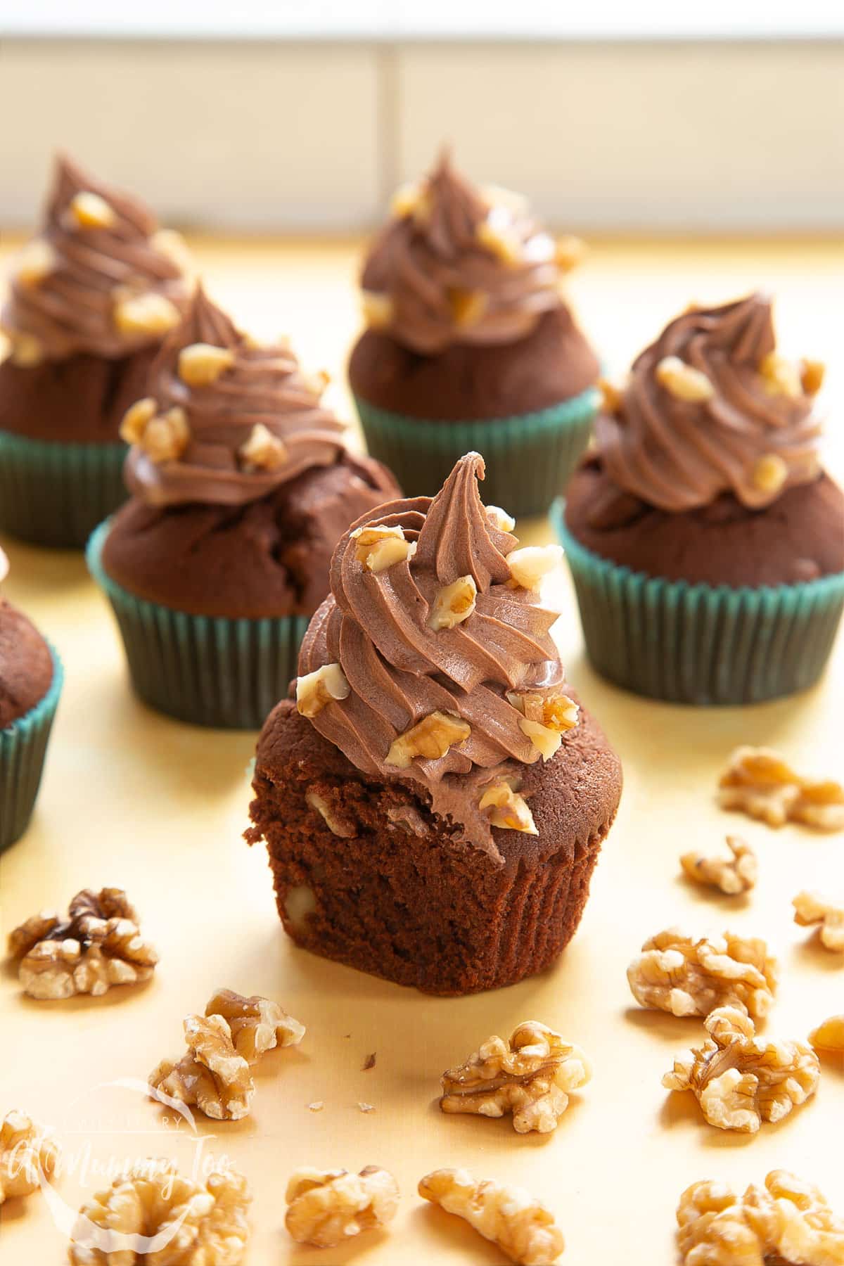 Chocolate walnut cupcakes decorated with creamy chocolate frosting. The cupcake at the fore has been cut open to show the inside.