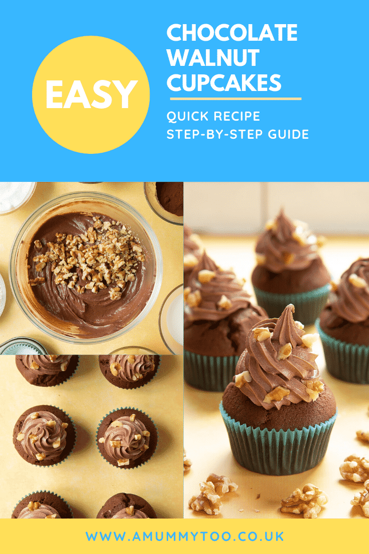 A series of images showing the making of chocolate walnut cupcakes decorated with creamy chocolate frosting. Caption reads: Easy chocolate walnut cupcakes - quick recipe - step-by-step guide