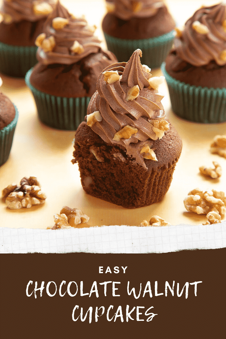 Chocolate walnut cupcakes decorated with creamy chocolate frosting. The cupcake at the fore has been cut open to show the inside. Caption reads: Easy chocolate walnut cupcakes