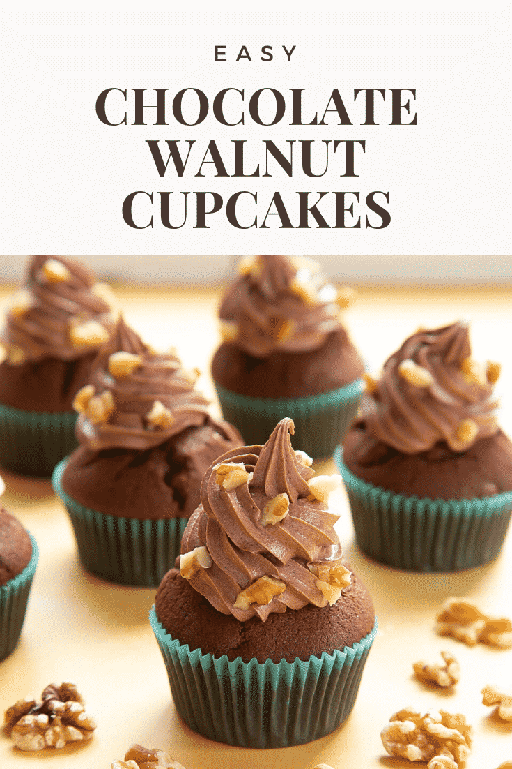 Chocolate walnut cupcakes. The cupcake at the fore has been cut open to show the inside. Caption reads: Easy chocolate walnut cupcakes