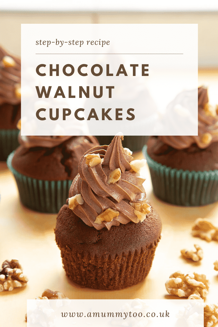 Chocolate walnut cupcakes decorated with creamy chocolate frosting. The cupcake at the fore has unwrapped. Caption reads: Step-by-step recipe chocolate walnut cupcakes