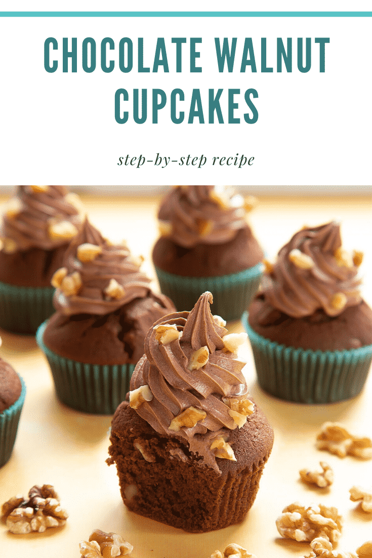 Chocolate walnut cupcakes decorated with creamy chocolate frosting. The cupcake at the fore has been cut open to show the inside. Caption reads: chocolate walnut cupcakes step-by-step recipe
