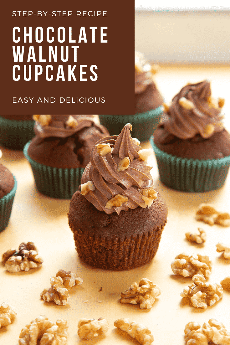 Chocolate walnut cupcakes decorated with creamy chocolate frosting. The cupcake at the fore has unwrapped. Caption reads: Step-by-step recipe chocolate walnut cupcakes - easy and delicious