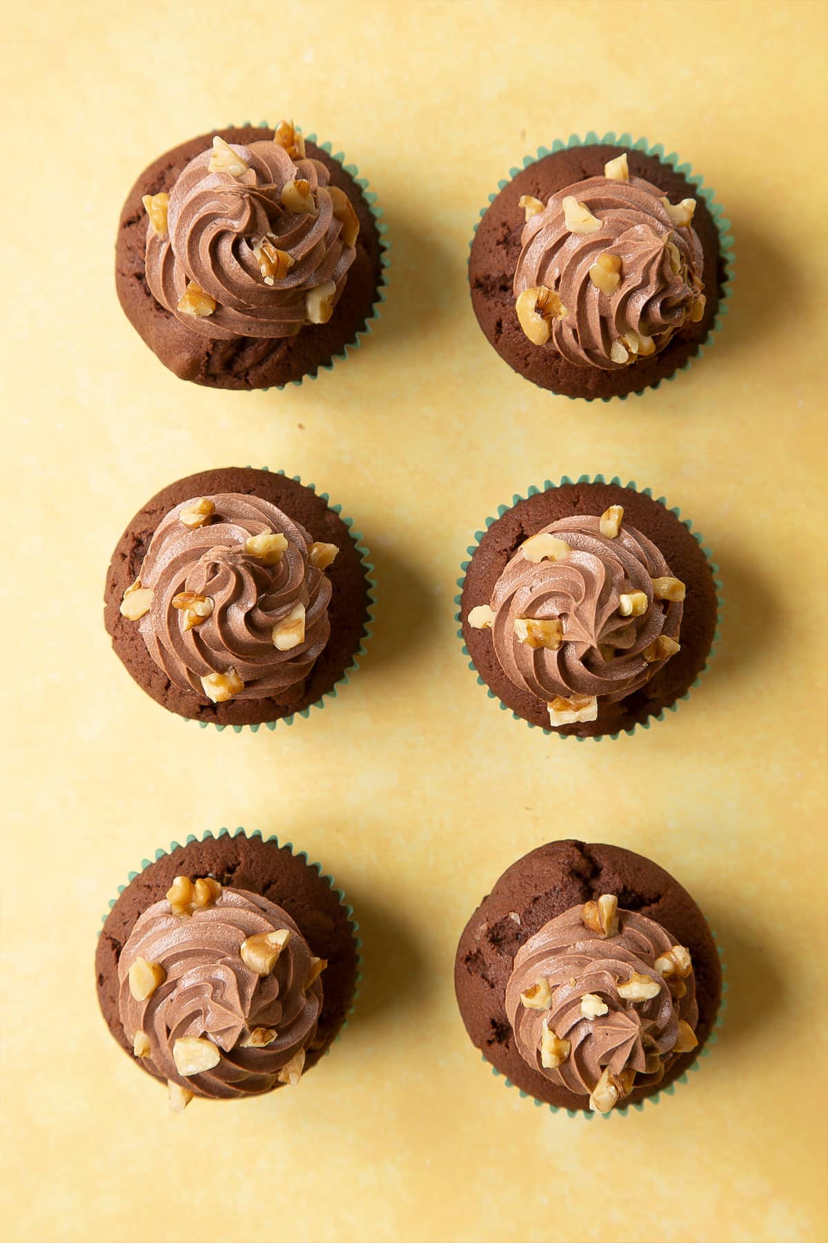 Chocolate walnut cupcakes with chocolate frosting piped on top and chopped walnuts scattered on the frosting.