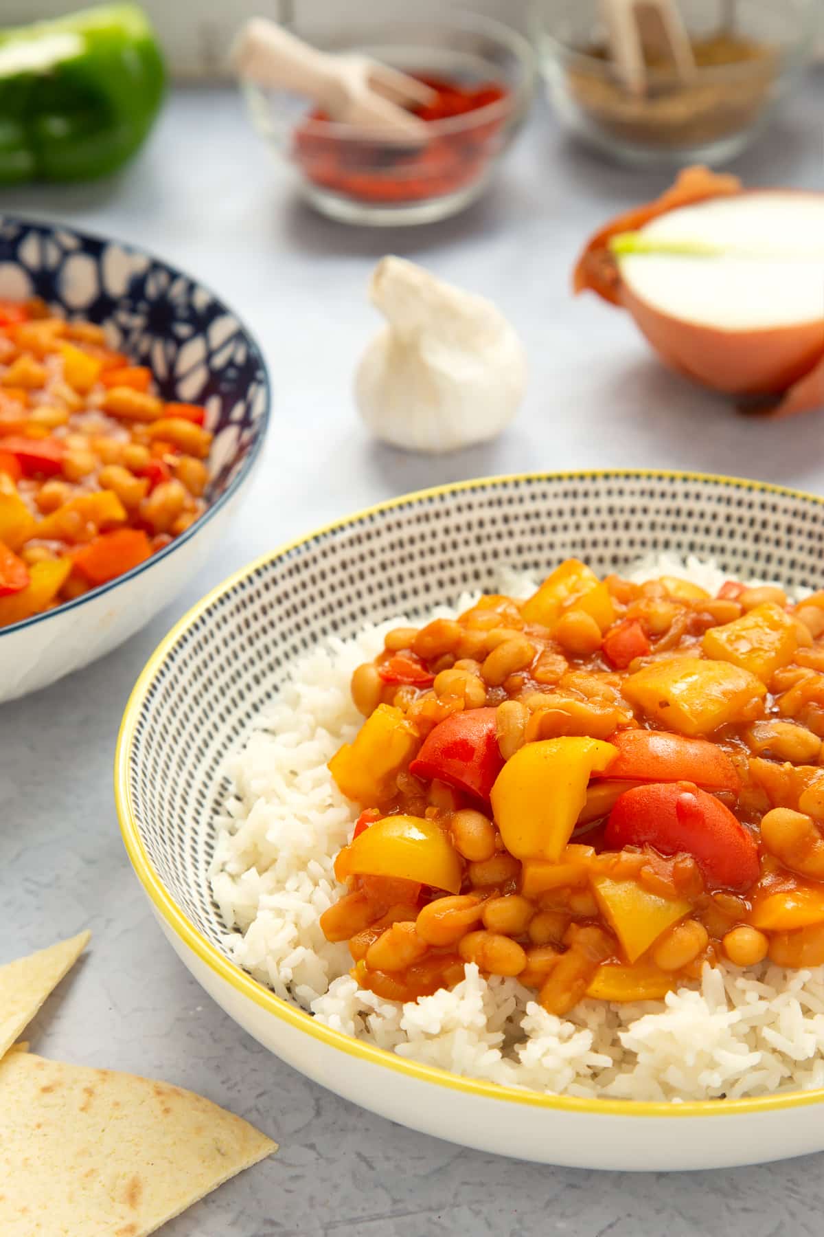 Baked bean chilli served on rice.