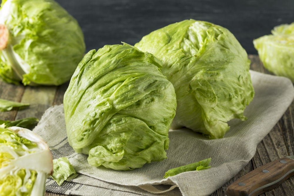 Three whole lettuaces on a tea towel on a wooden table.