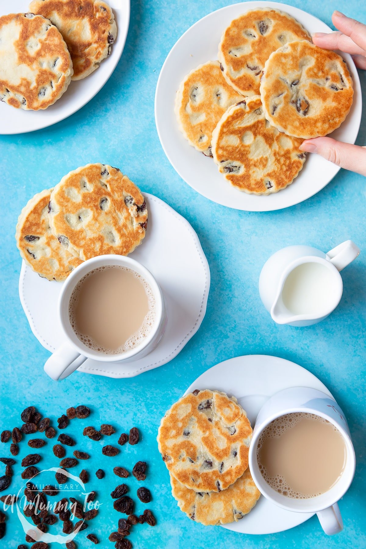 A collage of images showing Welsh cakes being prepared. In the main images Welsh cakes site on a number of white plates with cups of tea. The Caption reads: easy traditional welsh cakes - quick recipe - step-by-step guide