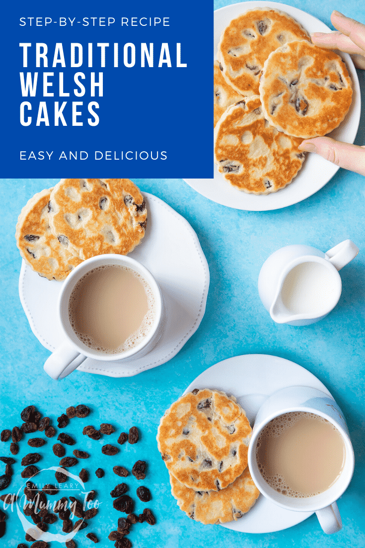 Welsh cakes on three white plates and a cup of tea. The caption reads: step-by-step recipe traditional Welsh cakes easy and delicious