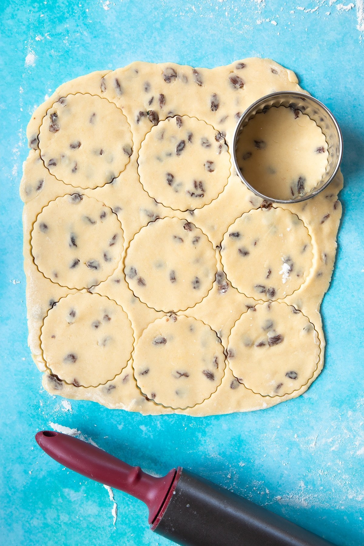 A Welsh cakes dough made from flour, butter, egg, sugar and sultanas rolled out on a floured surface. A cookie cutter cuts out a series of rounds.