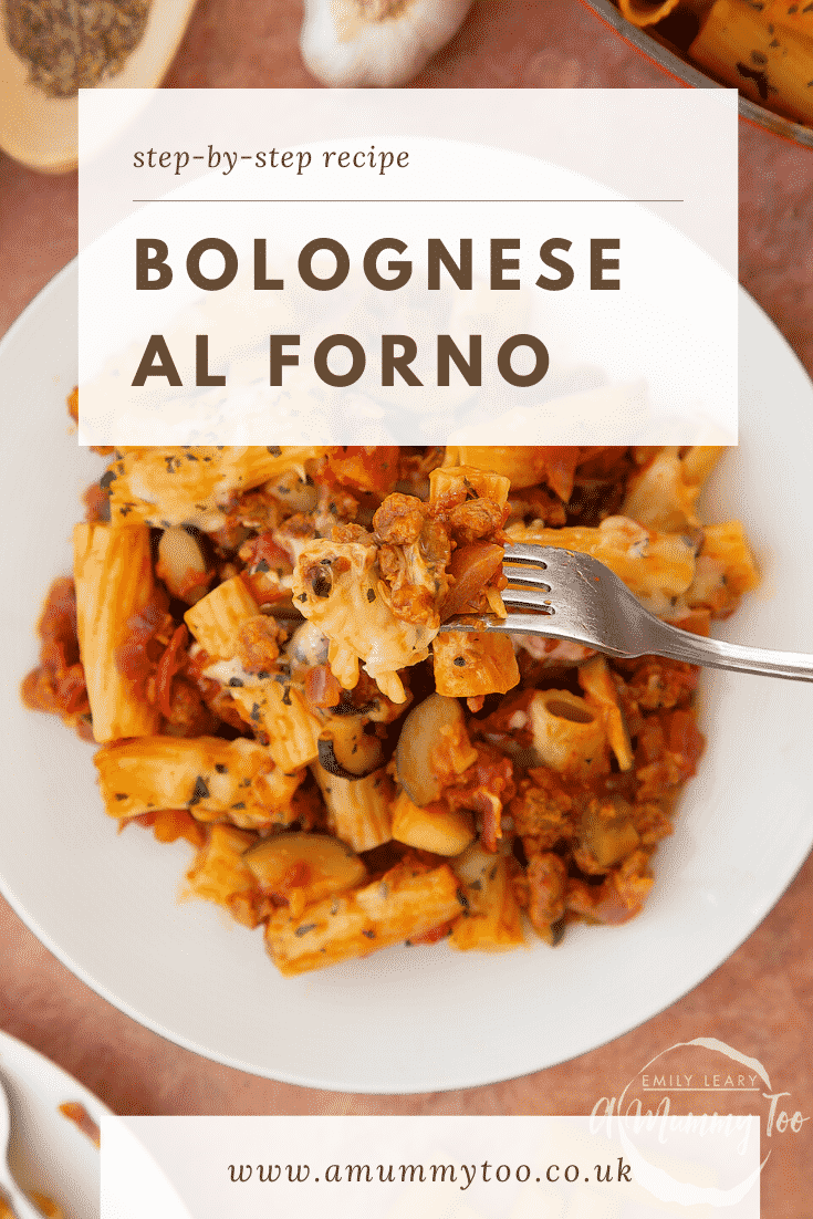 Freshly baked bolognese al forno served to a plate. A fork lifts some pasta. Caption reads: Step-by-step recipe bolognese al forno