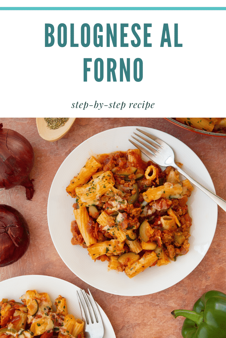 Freshly baked bolognese al forno served to two plates. Caption reads: bolognese al forno step-by-step recipe