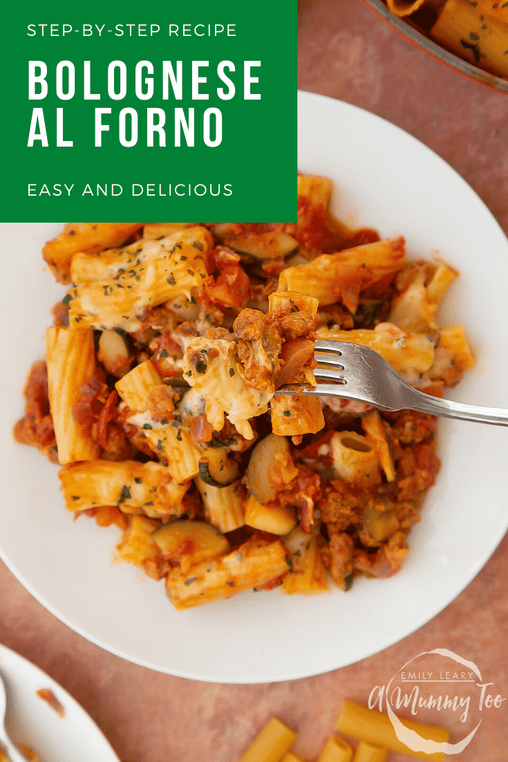 Freshly baked bolognese al forno served to a plate. A fork lifts some pasta. Caption reads: Step-by-step recipe bolognese al forno easy and delicious