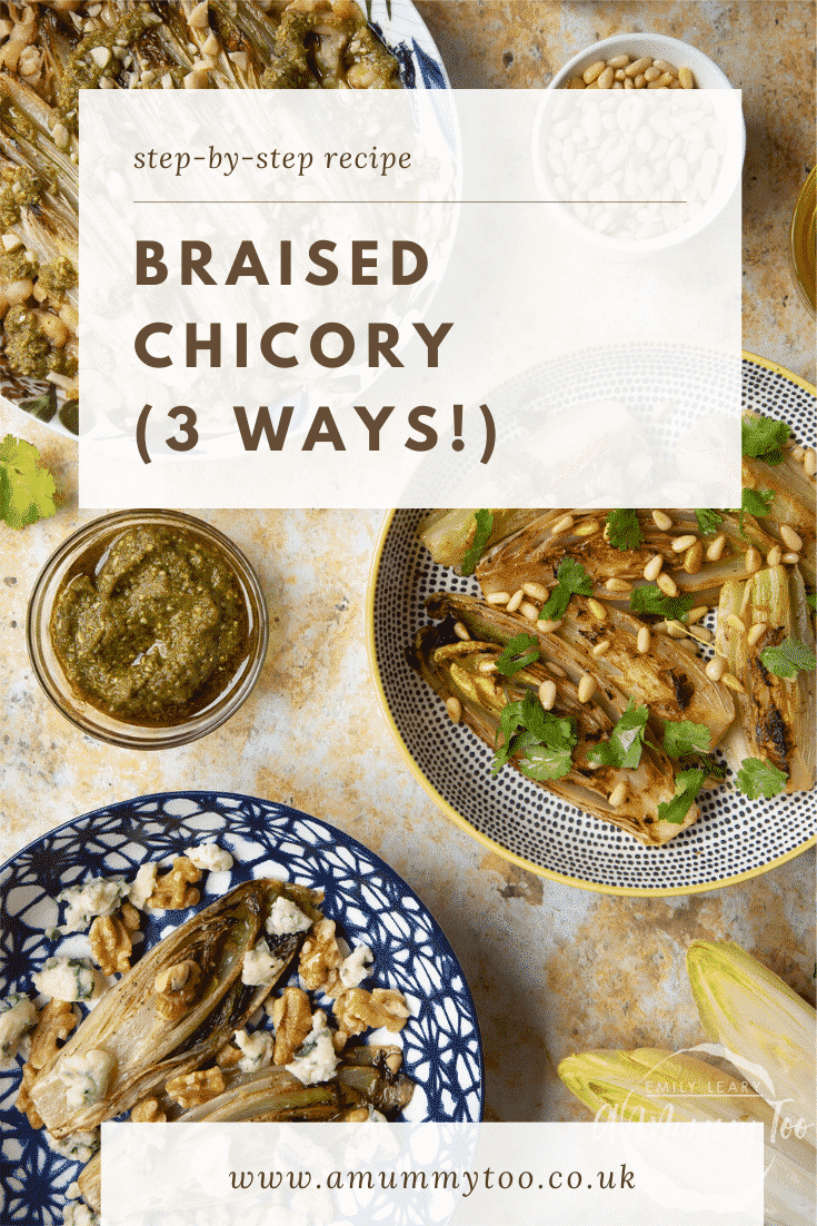 Three bowls of braised chicory with ingredients scattered around. Caption reads: step-by-step recipe braised chicory (3 ways!)