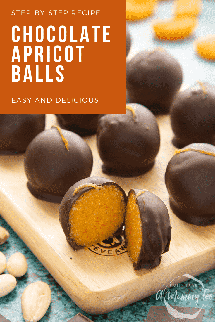 Chocolate apricot balls arranged on a wooden board. Dried apricots, blanched almonds and squares of dark chocolate surround the board. The ball in the foreground has been cut in two, revealing the bright orange filling. Caption reads: step-by-step recipe - chocolate apricot balls - easy and delicious.