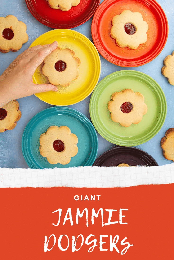 Giant jammie dodgers arranged on a variety of rainbow coloured small plates. A hand reaches for one. Caption reads: giant jammie dodgers