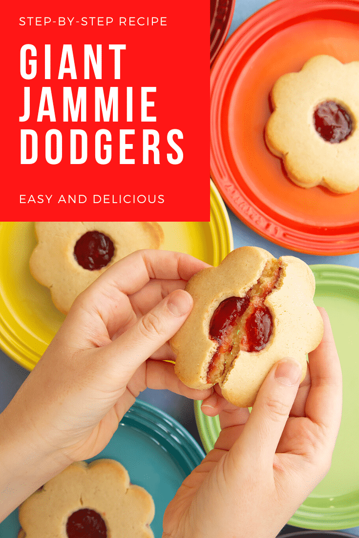 Hands breaking a giant jammie dodger in half. More are arranged on a variety of rainbow coloured small plates in the background. Caption reads: step-by-step recipe giant jammie dodgers easy and delicious 