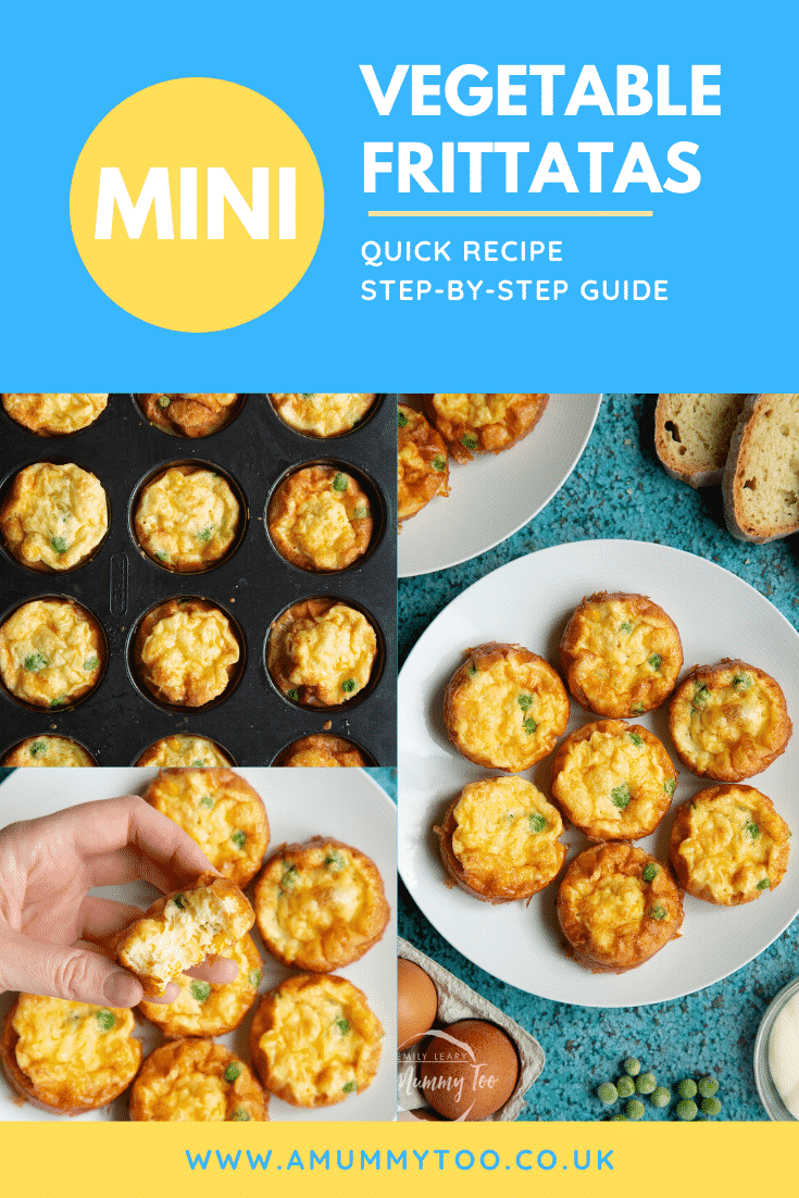 Collage of mini vegetable frittatas arranged on a white plate. Caption reads: Mini vegetable frittatas. Quick recipe. Step-by-step guide.