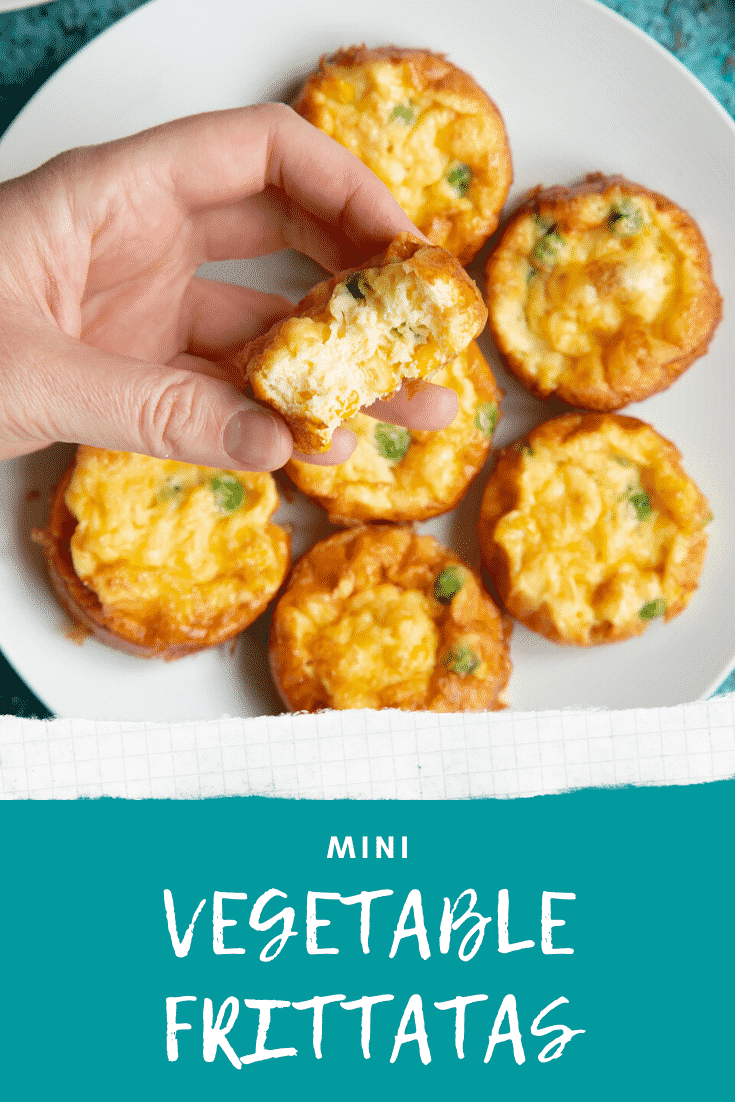 Mini vegetable frittatas arranged on a white plate. A hand holds a frittata with a bite in it. Caption reads: Mini vegetable frittatas.