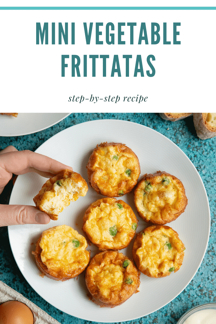 A hand holds a mini vegetable frittata with more arranged on a white plate. Caption reads: mini vegetable frittatas step-by-step recipe