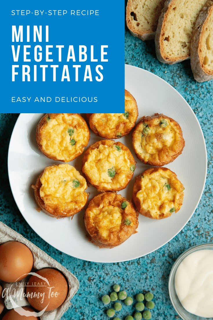 Mini vegetable frittatas arranged on a white plate. Caption reads: step-by-step recipe mini vegetable frittatas easy and delicious