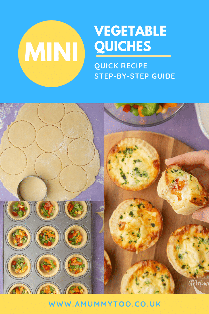 A collage showing how to make mini vegetable quiche. Caption reads: mini vegetable quiches quick recipe step-by-step guide