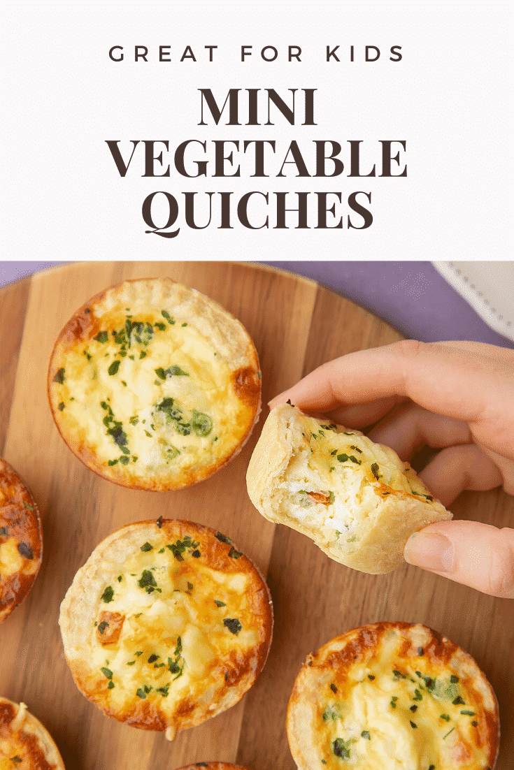Mini vegetable quiches on a wooden board. A hand hold one with a bite out of it. Caption reads: great for kids mini vegetable quiche