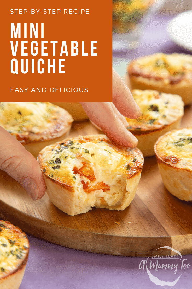 A hand reaching for a mini vegetable quiche on a wooden board. Caption reads: step-by-step recipe mini vegetable quiche easy and delicious.