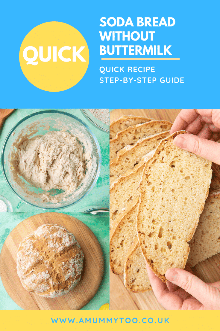 A collage of images of soda bread recipe without buttermilk being made. Caption reads: Quick soda bread without buttermilk. Quick recipe. Step-by-step guide.