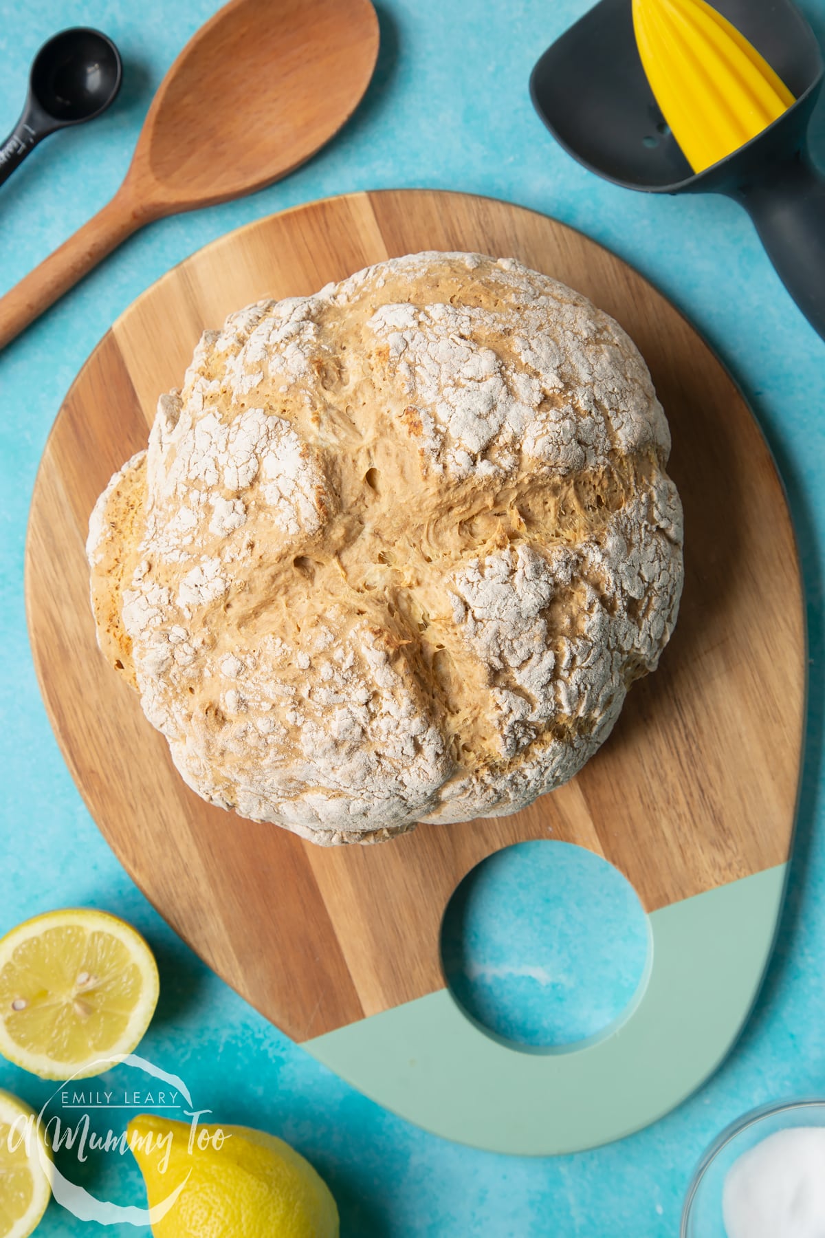 Vegan soda bread on a wooden board. 