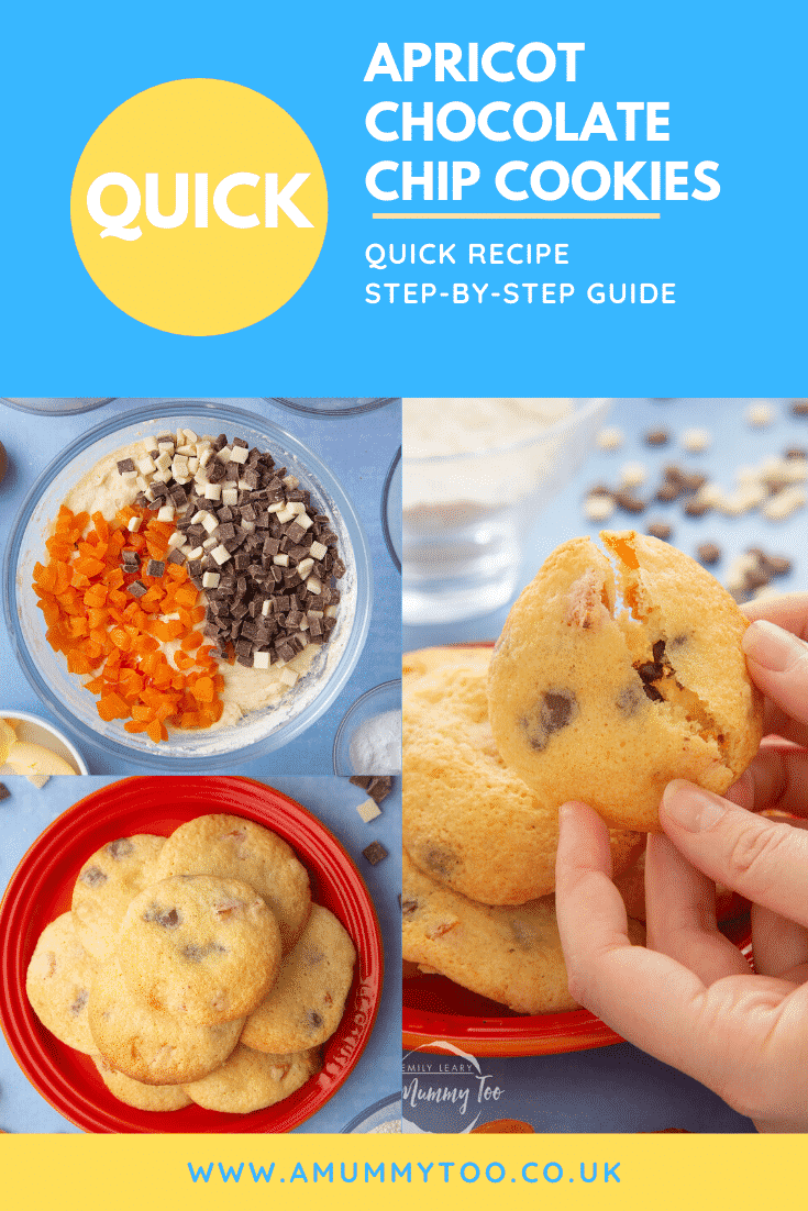Collage of images showing the making of apricot chocolate chip cookies, plus finished cookies on a small orange plate. Caption reads: quick apricot chocolate chip cookies quick recipe step-by-step guide