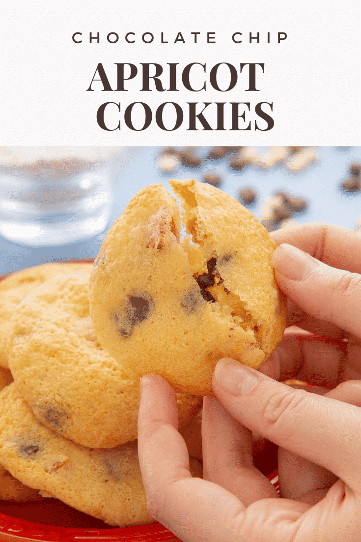 Hands hold and break a cookie. Apricot chocolate chip cookies are stacked on a small orange plate in the background. Caption reads: apricot chocolate chips cookies