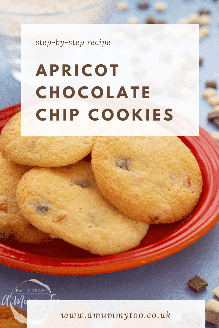 Apricot chocolate chip cookies on a small orange plate. Caption reads: step-by-step recipe apricot chocolate chip cookies