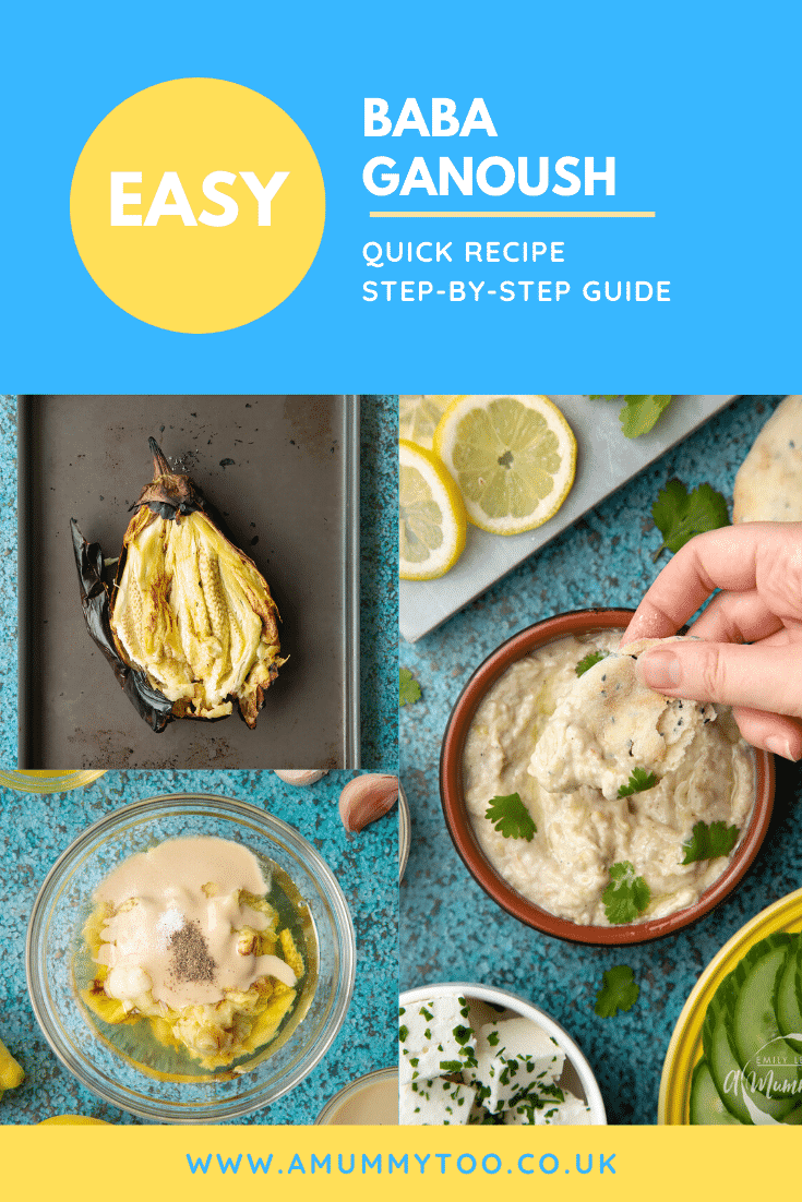 A collage of images showing the making of baba ganoush. Caption reads: easy baba ganoush quick recipe step-by-step guide