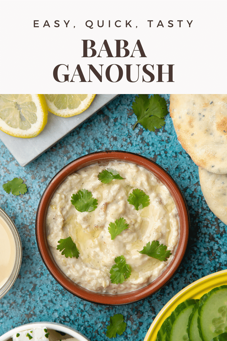 Baba ganoush in a shallow terracotta dish. Feta, cucumbers, lemon and flat bread surround the dish. Caption reads: easy, quick, tasty baba ganoush