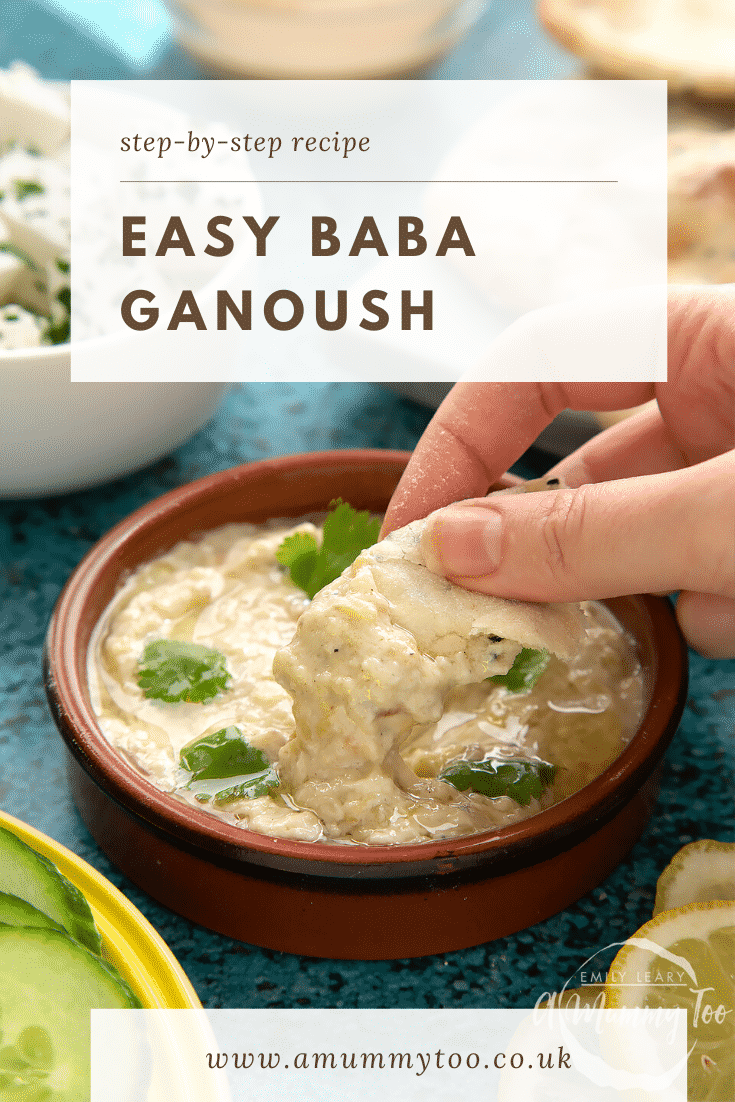 Baba ganoush in a shallow terracotta dish. Flatbread is dipped into it. Feta, cucumbers, lemon and flat bread surround the dish. Caption reads: step-by-step recipe easy baba ganoush