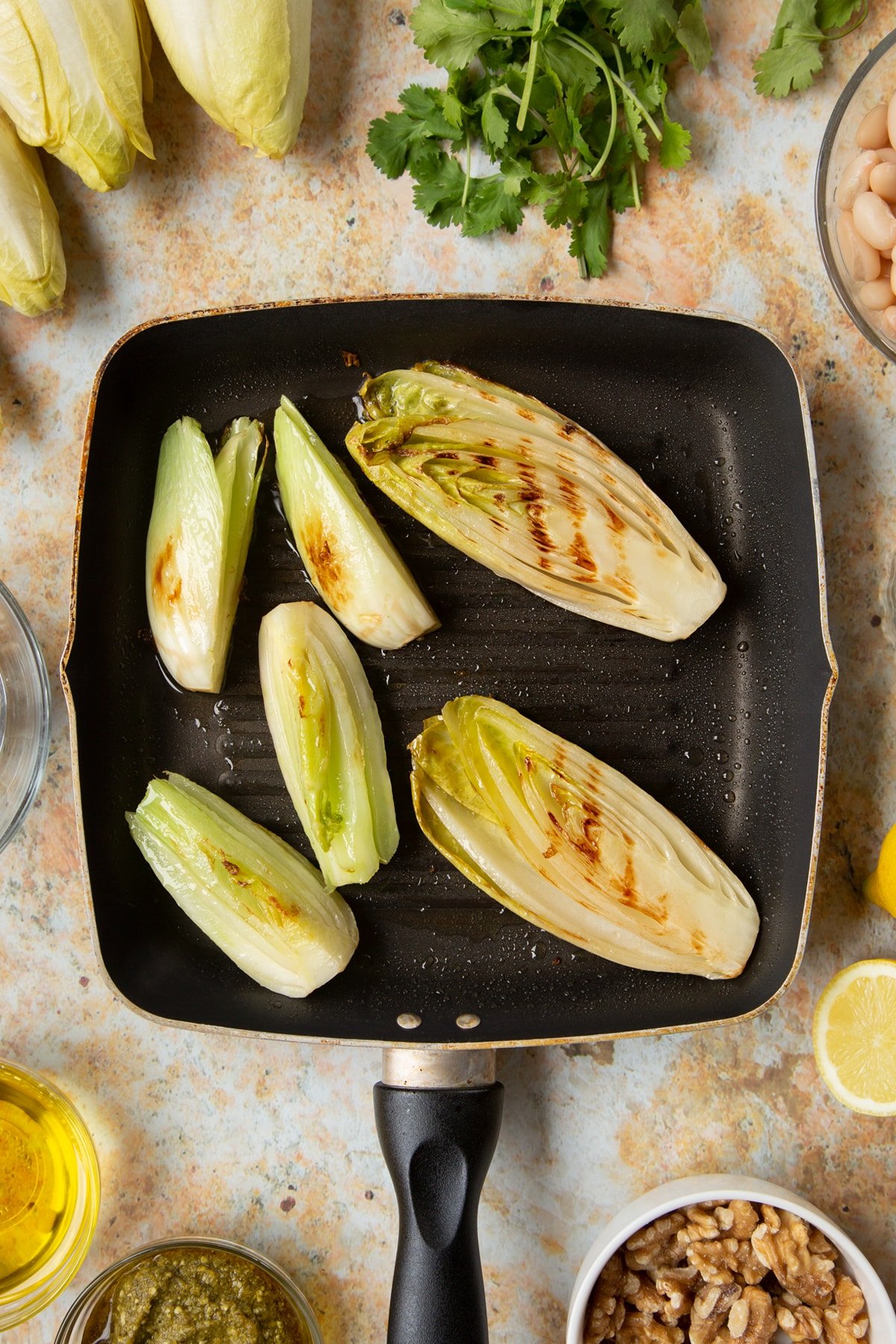 Chicory and fennel cooked in a griddle pan. 