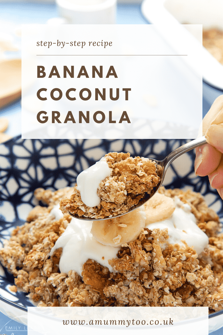 Banana coconut granola on a spoon with more in a bowl behind. Caption reads: step-by-step recipe banana coconut granola.