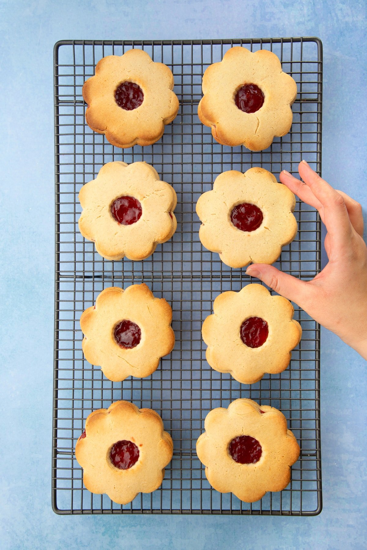 Giant jammie dodgers cooling on a wire rack. A hand reaches in to take one. 