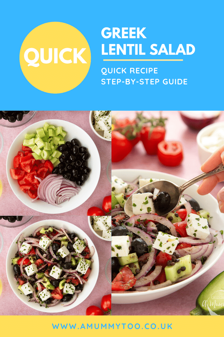 A collage of images showing the making and serving of Greek lentil salad. Caption reads: quick Greek lentil salad quick recipe step-by-step guide