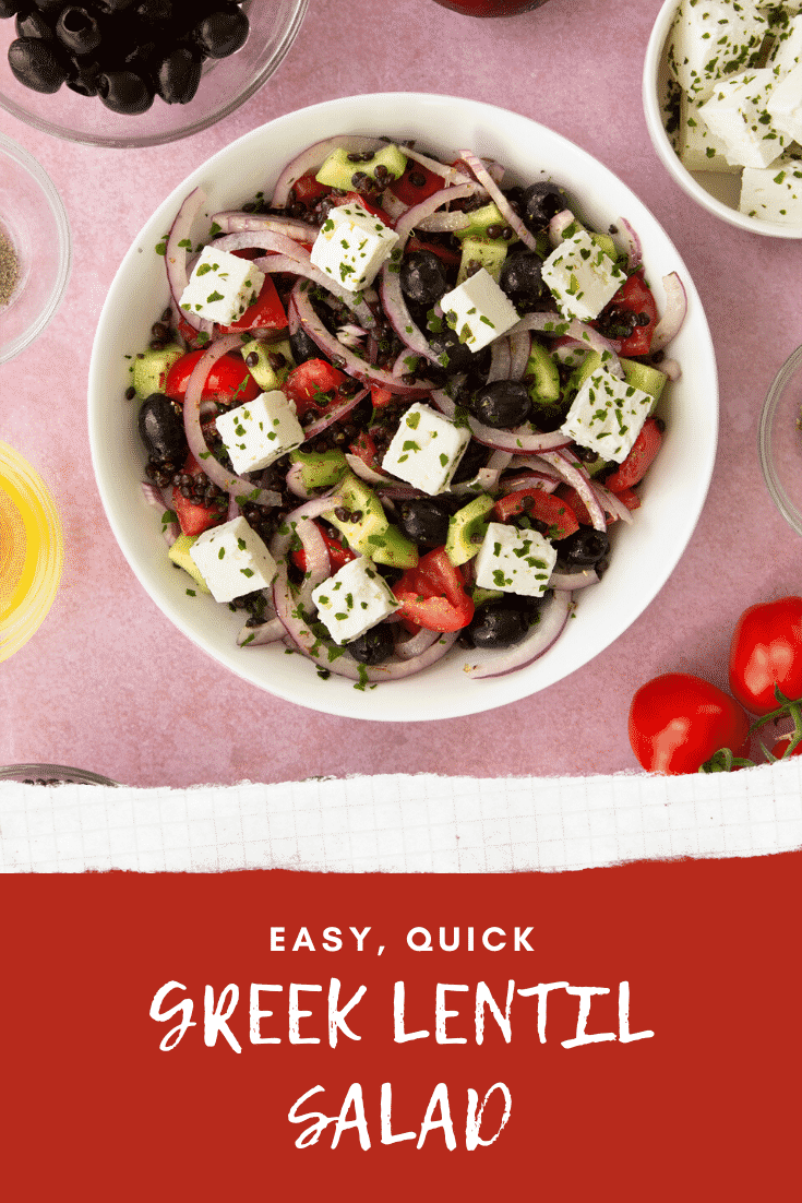 A white bowl containing Greek lentil salad. Caption reads: easy, quick Greek lentil salad