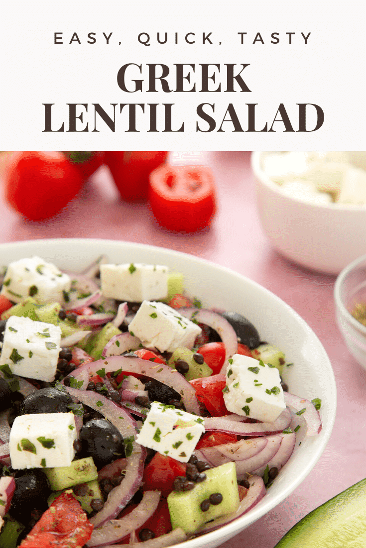 A white bowl containing Greek lentil salad. Caption reads: easy, quick, tasty Greek lentil salad