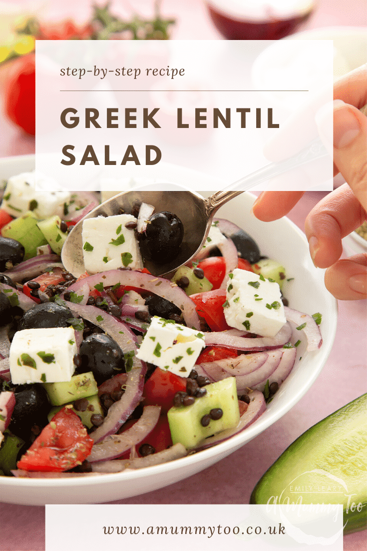 A white bowl containing Greek lentil salad. A hand with a spoon delves in. Caption reads: step-by-step recipe Greek lentil salad