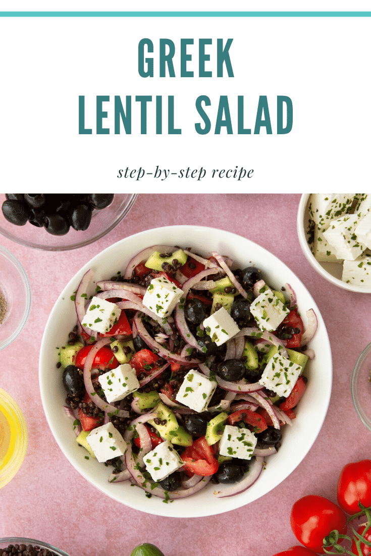 A white bowl containing Greek lentil salad. Caption reads: Greek lentil salad step-by-step recipe