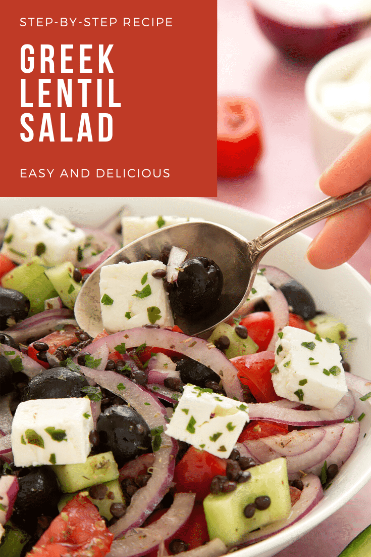 A white bowl containing Greek lentil salad. A hand with a spoon delves in. Caption reads: step-by-step recipe Greek lentil salad easy and delicious