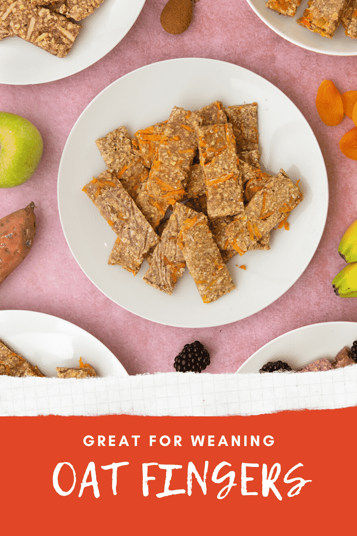 White plate piled with sweet potato oat fingers. Other flavours of oat fingers sit on plates around the edge of the frame. Caption reads: Great for weaning oat fingers.