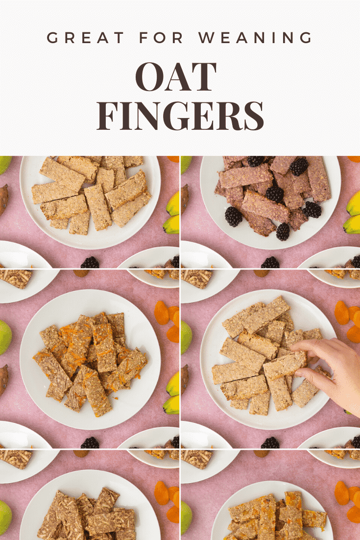 A collage of images showing white plates piled with various flavours of oat fingers. Caption reads: Great for weaning oat fingers.