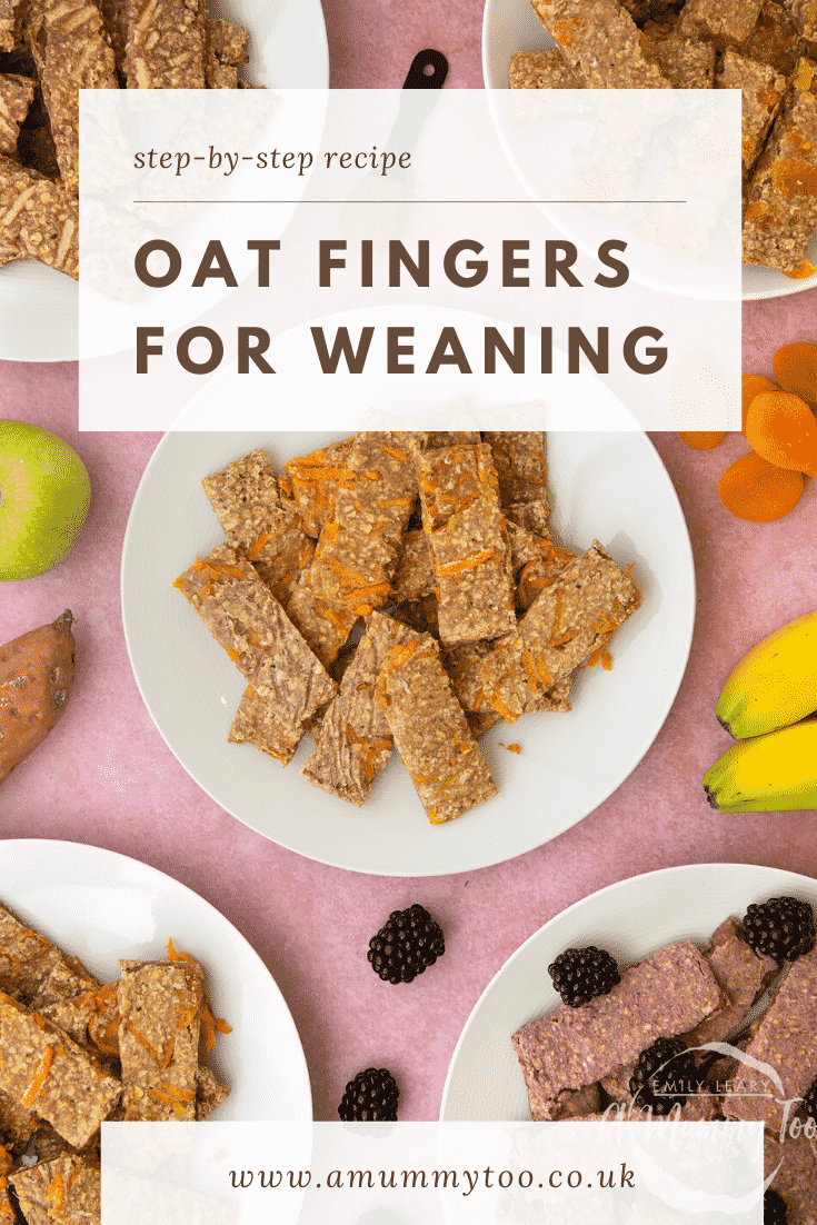 White plate piled with sweet potato oat fingers. Other flavours of oat fingers sit on plates around the edge of the frame. Caption reads: Step-by-step recipe oat fingers for weaning.