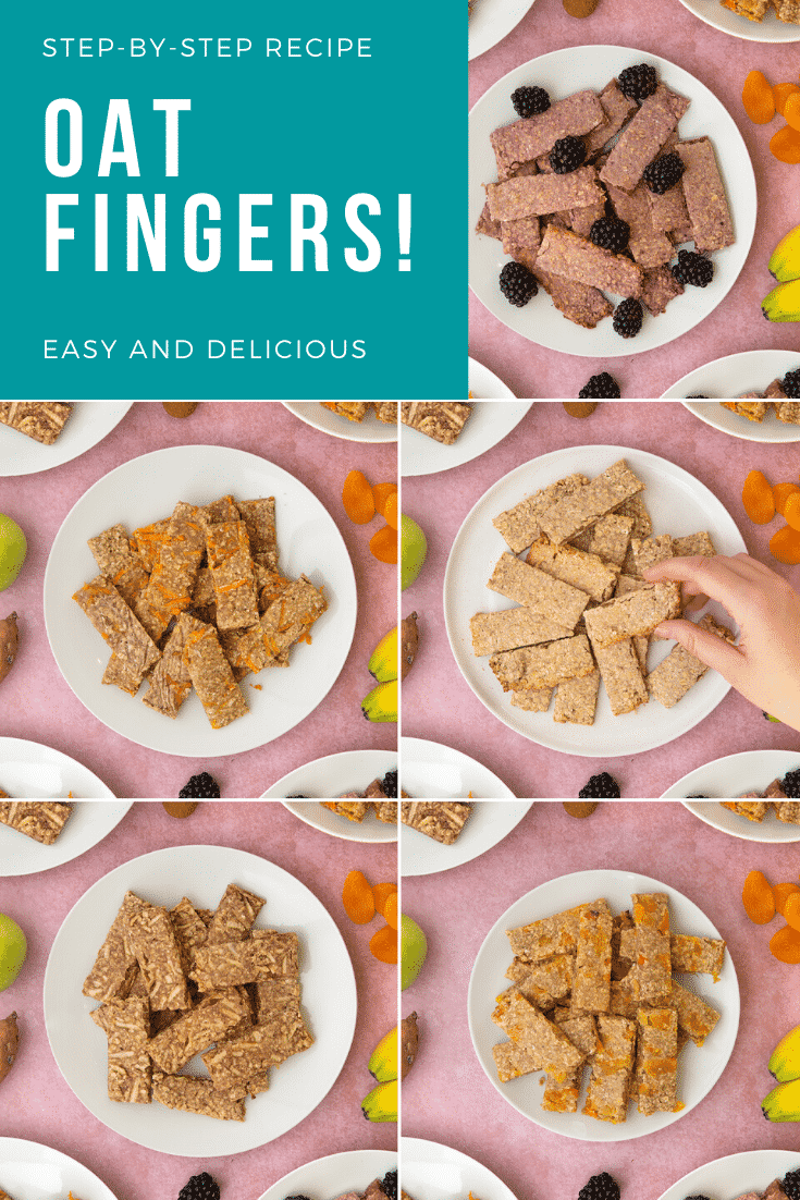 A collage of images showing white plates piled with various flavours of oat fingers. Caption reads: step-by-step recipe oat fingers easy and delicious