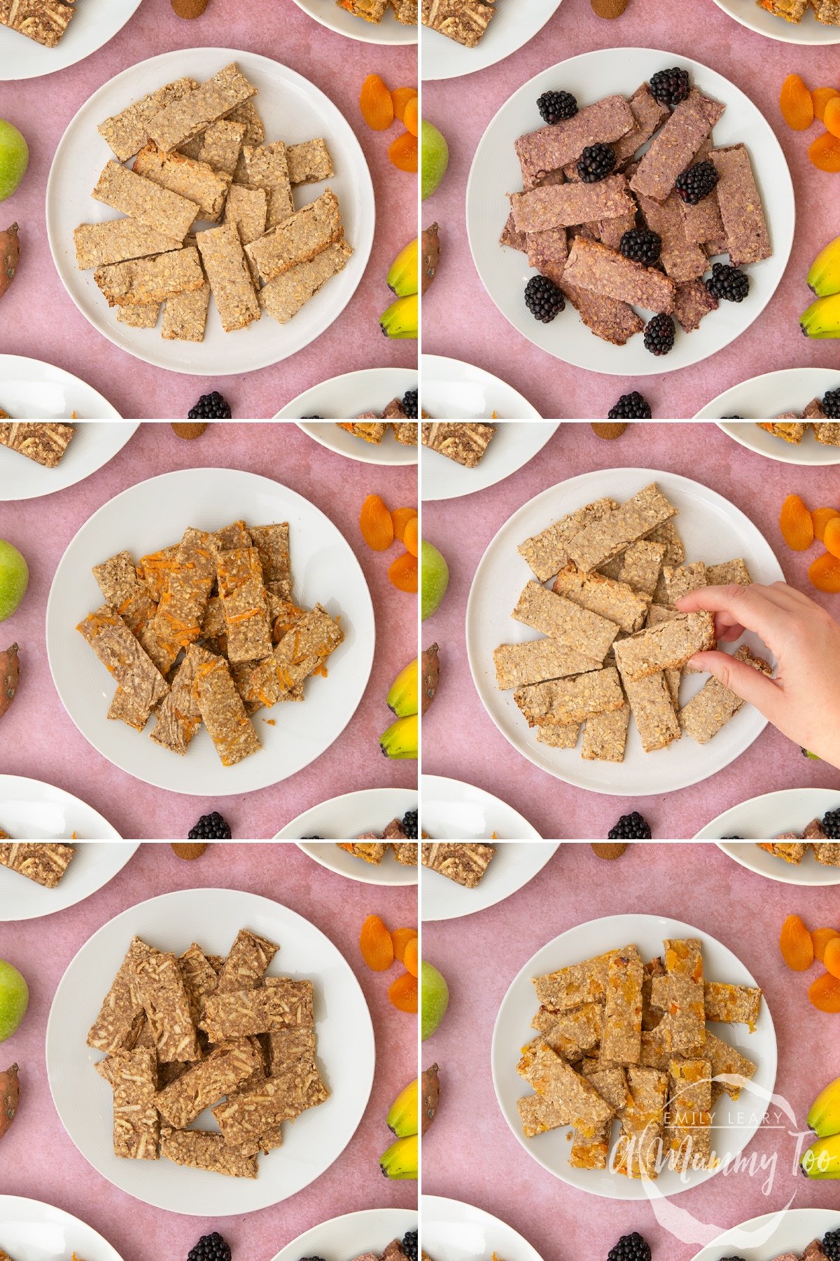 A collage of images showing white plates piled with various flavours of oat fingers. 