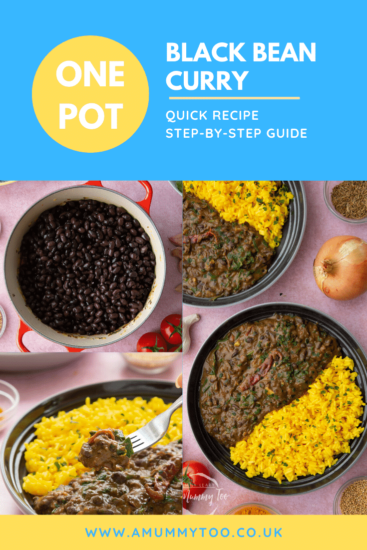 A collage of images showing the making of black bean curry. Caption reads: one pot black bean curry quick recipe step-by-step guide